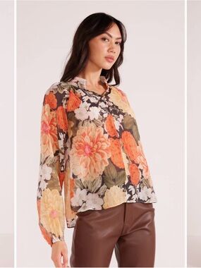 MINKPINK Black Floral Button-Front Women's Top - Orange & Cream Blooms